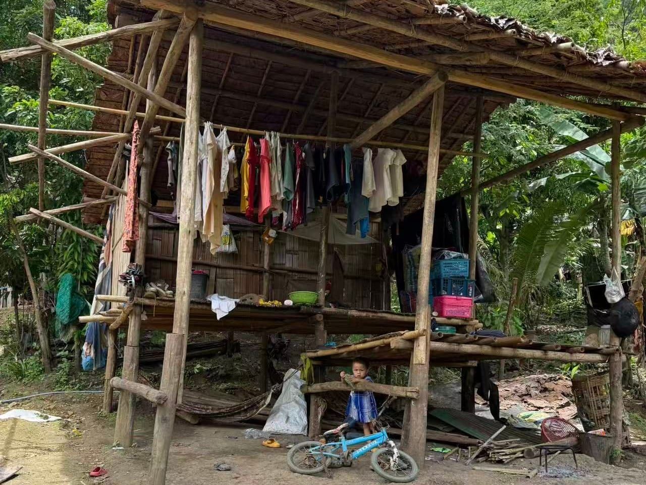 A raised house of wooden poles and woven bamboo with a roof of dried leaves, surrounded by trees. Clothes hang along a rail under the roof, and a small child stands beside a blue bicycle beneath the raised floor.